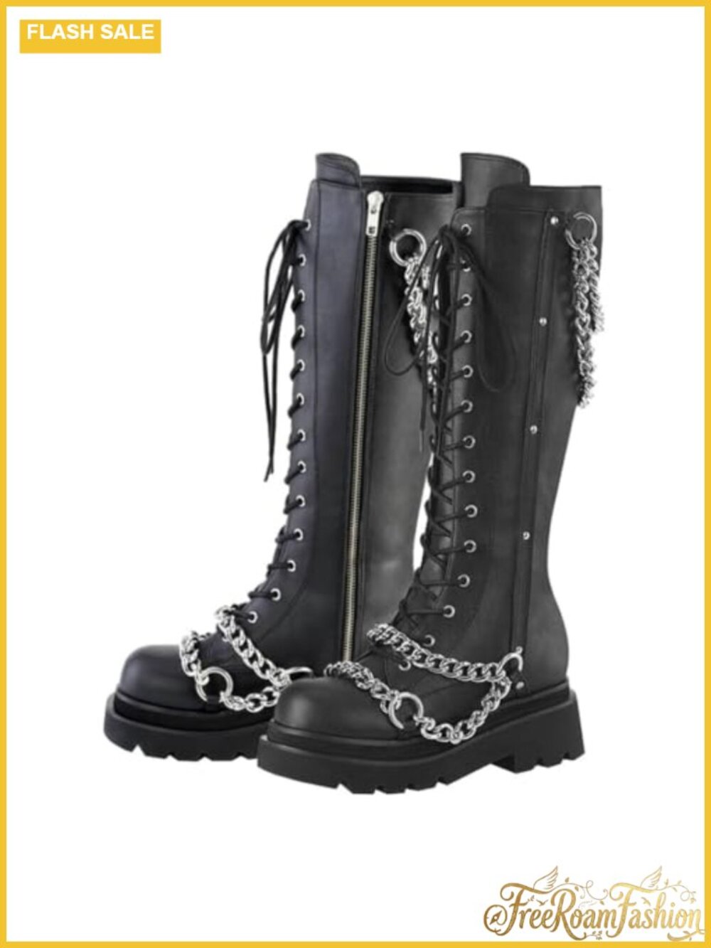 Parisuit Womens Goth Platform Combat Boots Knee High Lace Up Chain Punk